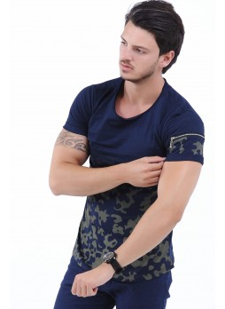 Haki Baskı Kol Fermuar Lacivert T-Shirt