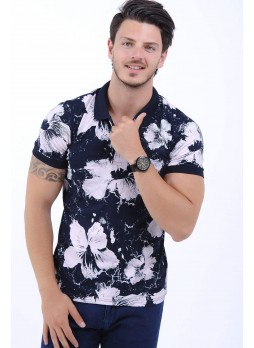 Beyaz Çiçek Desen Polo Yaka Lacivert T-Shirt