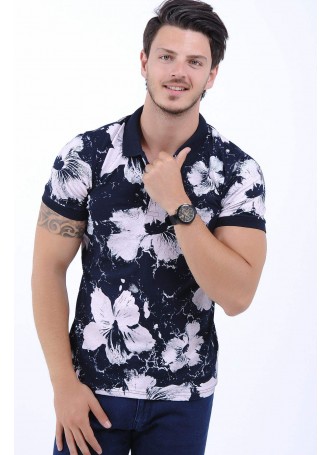 Beyaz Çiçek Desen Polo Yaka Lacivert T-Shirt