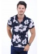 Beyaz Çiçek Desen Polo Yaka Lacivert T-Shirt