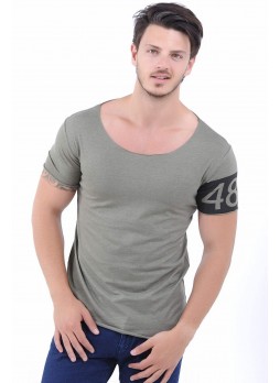 Geniş Yaka Basic Haki T-Shirt