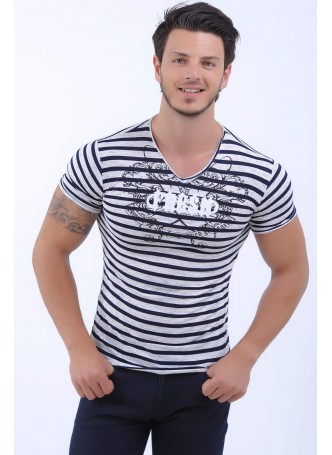 Lacivert Çizgili Krem T-Shirt