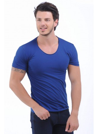 Geniş Yaka Lacivert T-Shirt