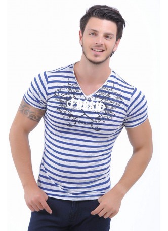 Mavi Çizgili Krem T-Shirt