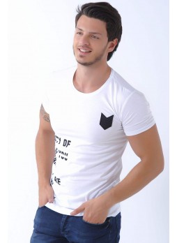 Apoletli Baskılı Beyaz T-Shirt