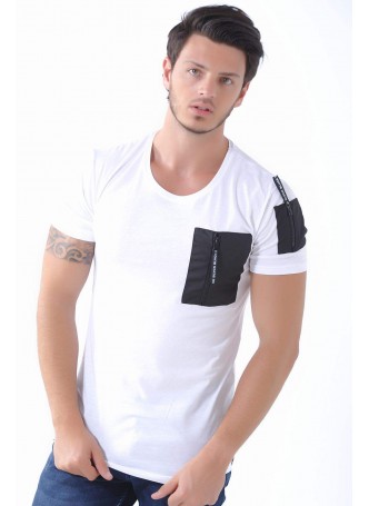 Fermuar Cepli Beyaz T-Shirt
