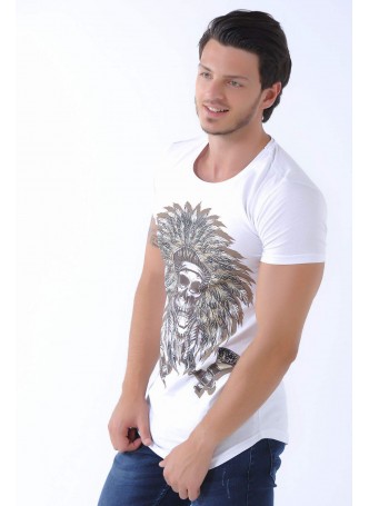Kabartma Kızılderili Baskı Beyaz T-Shirt