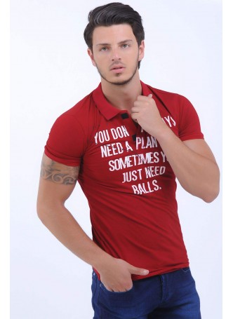 Yazı Baskı Polo Yaka Kırmızı T-Shirt