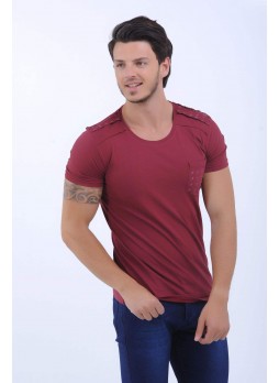 Cep Omuz Kabartma Bordo T-Shirt