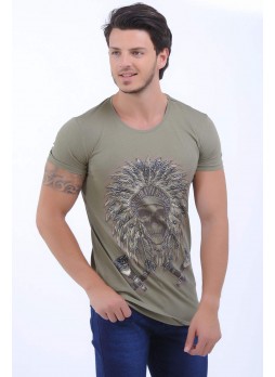 Kabartma Kızılderili Baskı Haki T-Shirt
