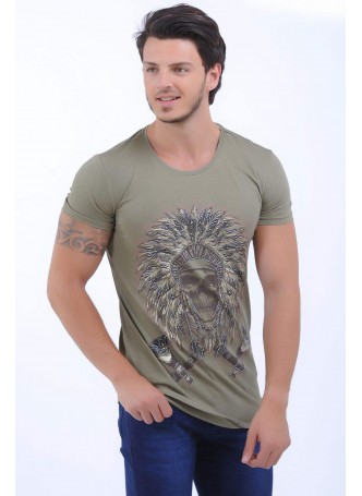 Kabartma Kızılderili Baskı Haki T-Shirt