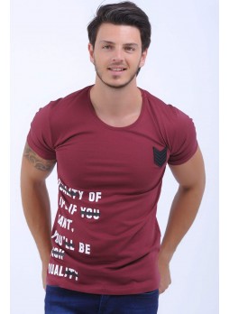 Apoletli Baskılı Bordo T-Shirt