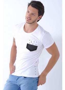 Cep Kabartma Desen Beyaz T-Shirt