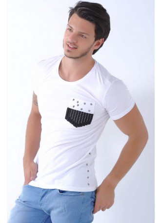 Cep Kabartma Desen Beyaz T-Shirt