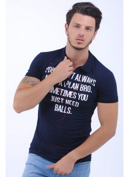 Yazı Baskı Polo Yaka Lacivert T-Shirt