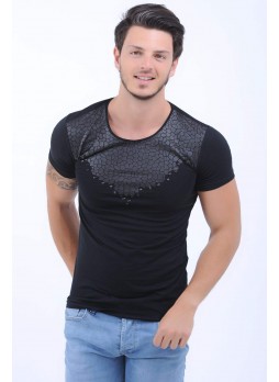 Yaka Kabartma Baskı Siyah T-Shirt