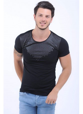 Yaka Kabartma Baskı Siyah T-Shirt