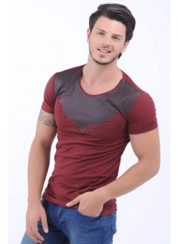 Yaka Kabartma Baskı Bordo T-Shirt