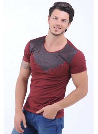 Yaka Kabartma Baskı Bordo T-Shirt