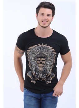 Kabartma Kızılderili Baskı Siyah T-Shirt