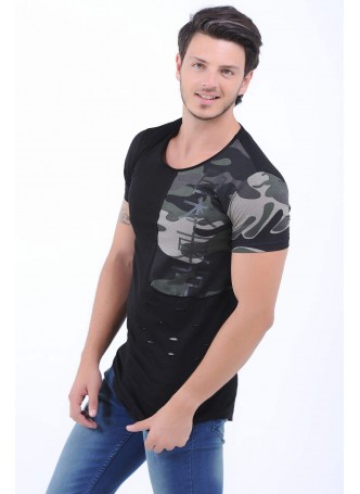Omuz Baskı Kesikli Siyah T-Shirt
