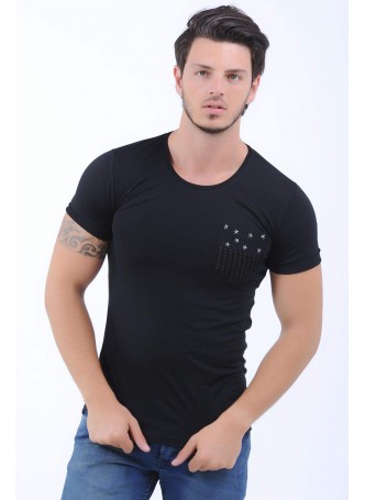 Cep Kabartma Desen Siyah T-Shirt