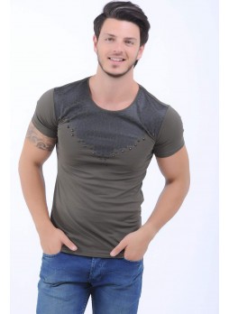 Yaka Kabartma Baskı Haki T-Shirt