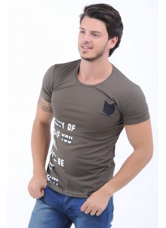 Apoletli Baskılı Haki T-Shirt