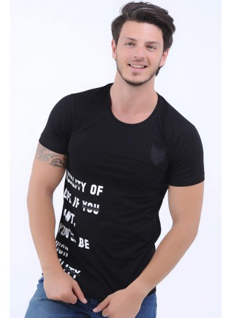 Apoletli Baskılı Siyah T-Shirt