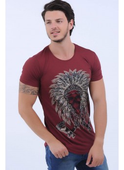 Kabartma Kızılderili Baskı Bordo T-Shirt