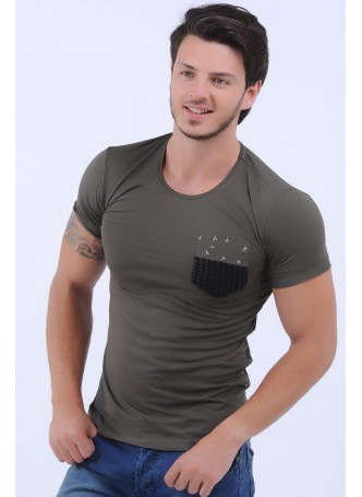 Cep Kabartma Desen Haki T-Shirt