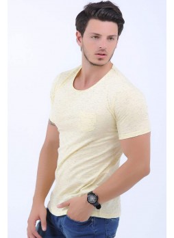 U Yaka Kırçıllı Uçuk Sarı T-Shirt