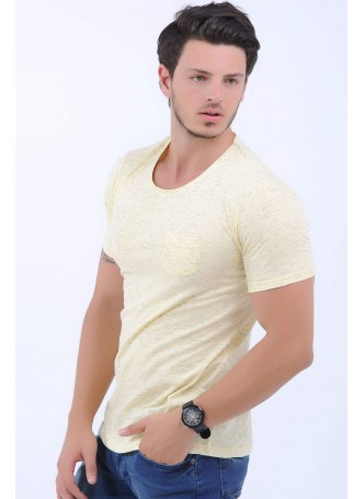U Yaka Kırçıllı Uçuk Sarı T-Shirt