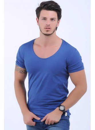Geniş Yaka Mavi T-Shirt
