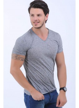 V Yaka Kırçıllı Gri T-Shirt