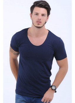 Geniş Yaka Lacivert T-Shirt