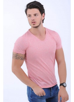 V Yaka Kırçıllı Pembe T-Shirt