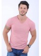 V Yaka Kırçıllı Pembe T-Shirt
