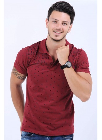 Kare Desenli Polo Yaka Bordo T-Shirt
