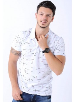 Çizgi Desenli Polo Yaka Beyaz T-Shirt