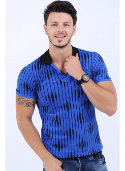 Siyah Desenli Polo Yaka Saks Mavisi T-Shirt