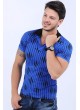 Siyah Desenli Polo Yaka Saks Mavisi T-Shirt