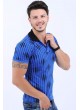 Siyah Desenli Polo Yaka Saks Mavisi T-Shirt