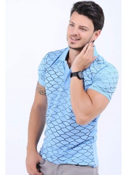 Siyah Desen Polo Yaka Açık Mavi T-Shirt