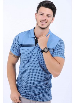 Siyah Noktalı Polo Yaka Açık Mavi T-Shirt