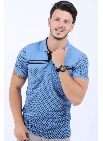 Siyah Noktalı Polo Yaka Açık Mavi T-Shirt