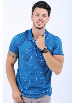 Çizgi Desen Polo Yaka Mavi T-Shirt