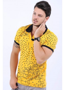Puantiye Kare Çizgi Polo Yaka Sarı T-Shirt