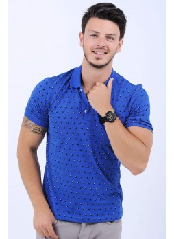 Damla Desenli Polo Yaka Mavi T-Shirt