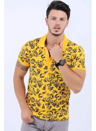 Siyah Yaprak Desen Polo Yaka Sarı T-Shirt